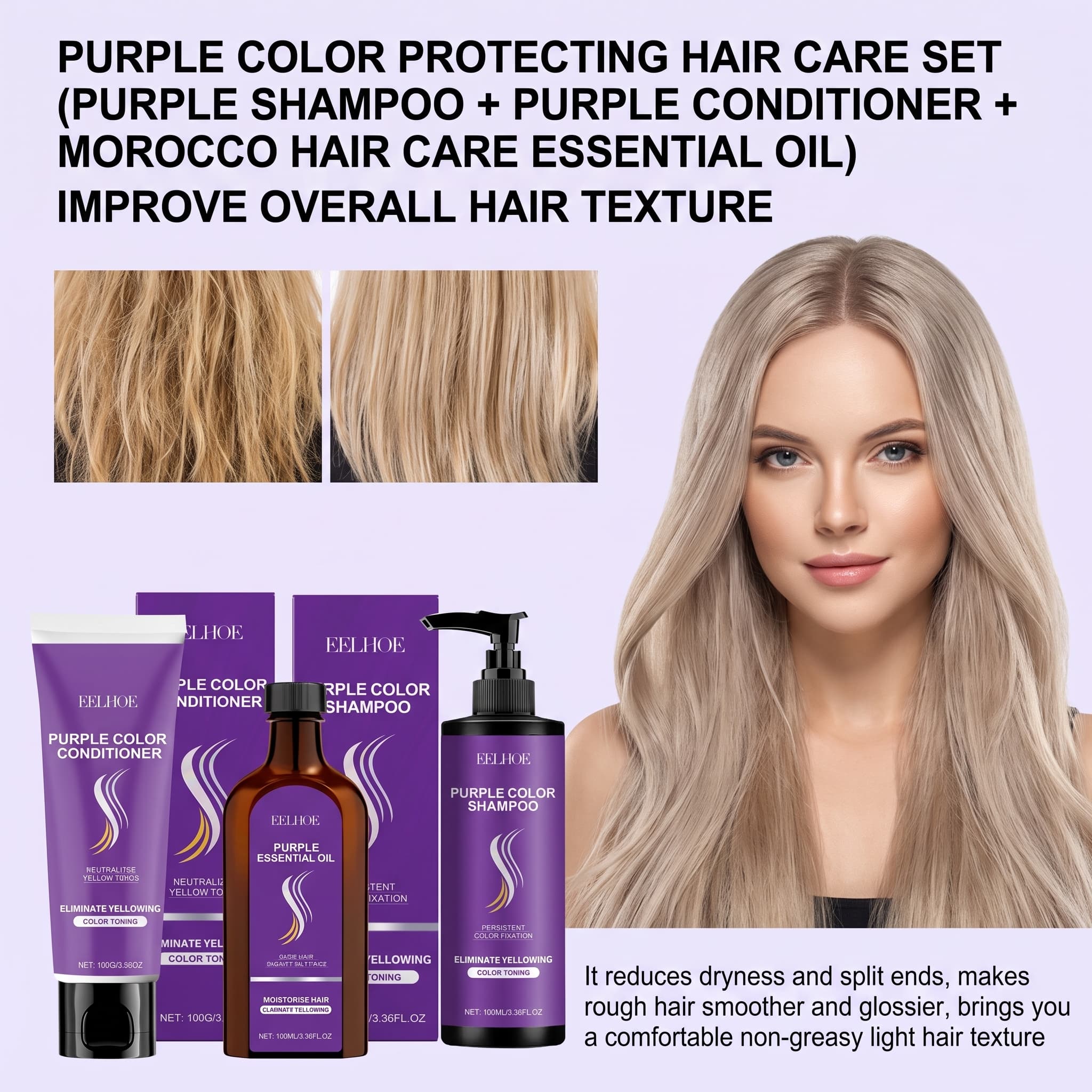 Hair Care Oil Serum - Set Shampoo Viola con Balsamo, Olio